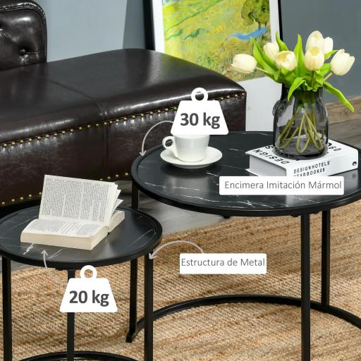 Juego de 2 Mesas Auxiliares Redondas Apilables Mesas Nidos con Encimera en Efecto de Mármol Ø60x46 cm y Ø40x40 cm Negro [3]