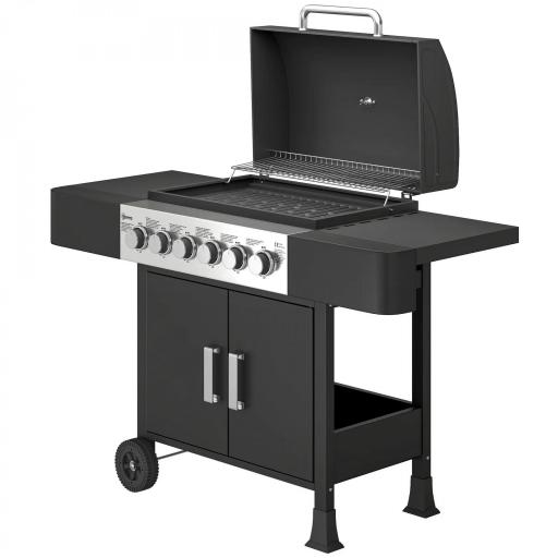 Barbacoa de Gas con 6 Quemadores Termómetro Parrilla Mesas Laterales Armario y Ruedas 135x51x101 cm Negro [10]