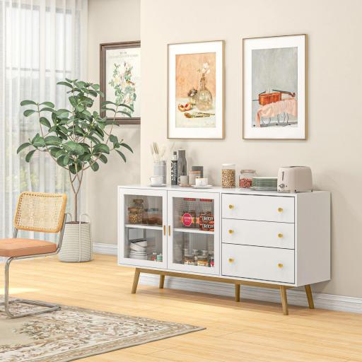 Aparador de Comedor con 2 Puertas de Cristal 3 Cajones y Patas de Madera de Caucho para Cocina Salón 160x40x80 cm Blanco [6]