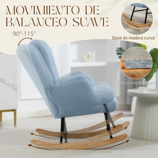 Silla Mecedora de Terciopelo de Teddy con Respaldo Alto Patas de Madera de Caucho Reposabrazos Azul Claro [2]