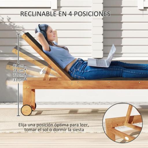 Tumbona de Jardín con Respaldo Ajustable Ruedas Integradas y Estructura de Madera de Acacia Capacidad de 160 kg Negro [2]