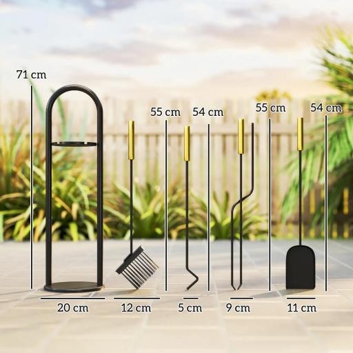 Juego de Utensilios para Chimenea de 5 Piezas de Metal con Escoba Pala Tenazas Atizador y Soporte 20x20x71 cm Dorado [3]