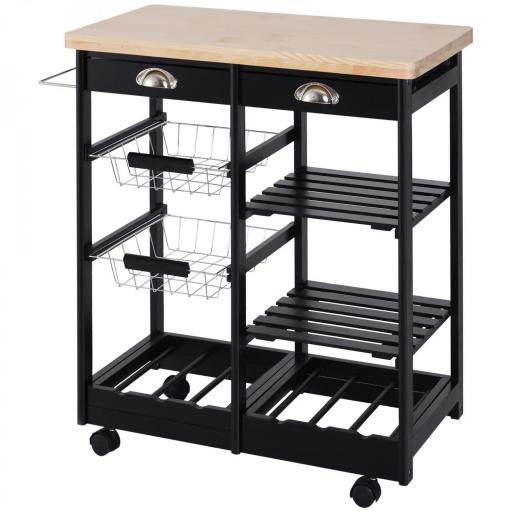 Carrito Auxiliar con Ruedas Carrito Verdulero Carro de Cocina con 2 Cajones 2 Cestas y 2 Estantes 74x37x76 cm Negro [9]