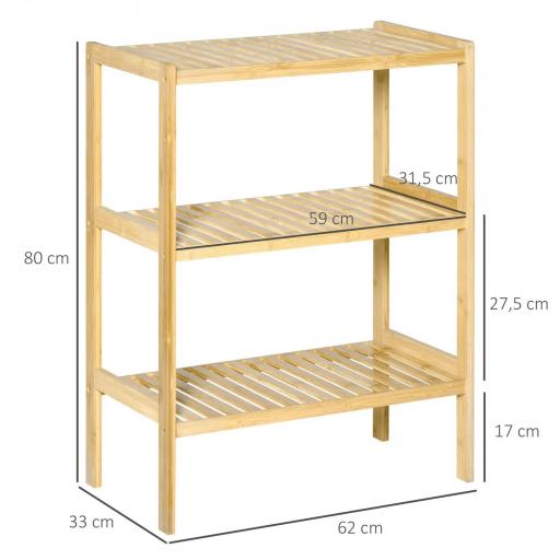 Estantería de Bambú de 3 Niveles Estantería de Pie Moderno Estante de Almacenamiento para Baño Cocina Salón Dormitorio Antivuelco 62x33x80 cm Natural [2]