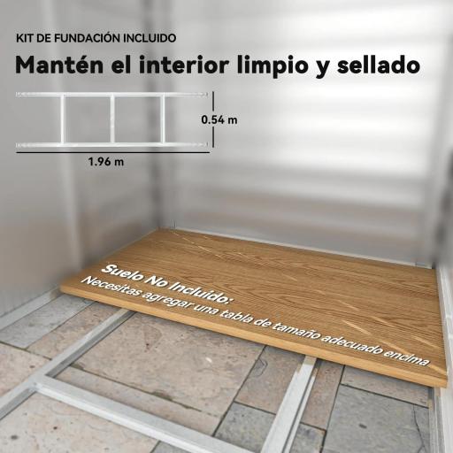 Cobertizo Metálico para Jardín 213x120x166/194 cm con Base Refuerzo Puertas Correderas y Ventilaciones Roble. [7]