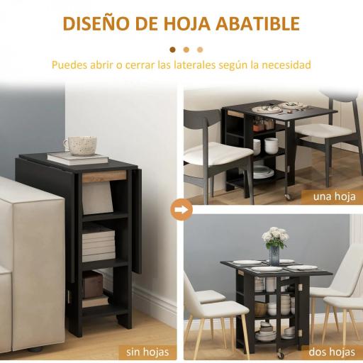 Mesa de Cocina Plegable con Alas Abatibles 2 Ruedas y Estantes Estilo Moderno 120x60x75 cm Negro [7]