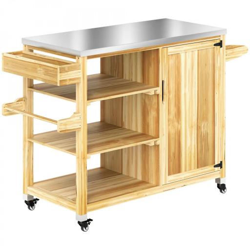 Carrito de Parrilla de Madera con 4 Ruedas Estantes Armario y Encimera de Acero Inoxidable 134,5x50x91,5 cm Natural [8]