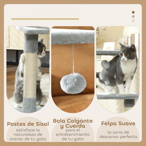 Árbol Rascador para Gatos 81,5 cm Torre para Gatos con Postes de Sisal 2 Plataformas Cueva y Bola Colgante Estilo Elegante 50x30x81,5 cm Gris [4]