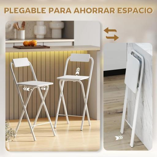 Juego de 2 Taburetes de Bar Plegables con Respaldo Reposapiés y Marco de Acero para Comedor Mostrador Blanco [2]