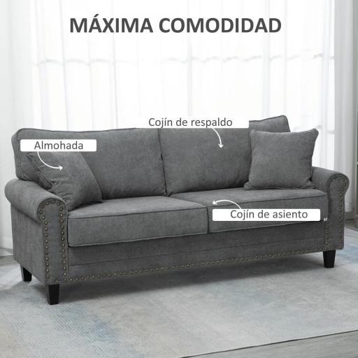 Sofá de 3 Plazas con Tachuelas Oro Envejecido Tapizado en Poliéster con 2 Cojines Decorativos 196x80,5x89 cm Gris [2]