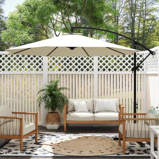 Sombrilla de Jardín Ø300x250 cm Parasol Excéntrico Inclinable con Manivela Base Cruzada y Soporte de Metal 8 Varillas para Terraza Exterior Balcón Beige [2]