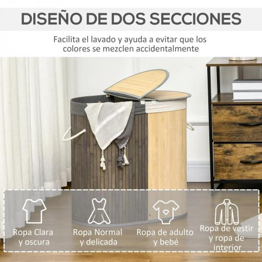 Cesto para Ropa Sucia de Bambú Capacidad de 100L Cesta para la Colada con 2 Compartimentos 62,5x37x60,5 cm Gris [3]