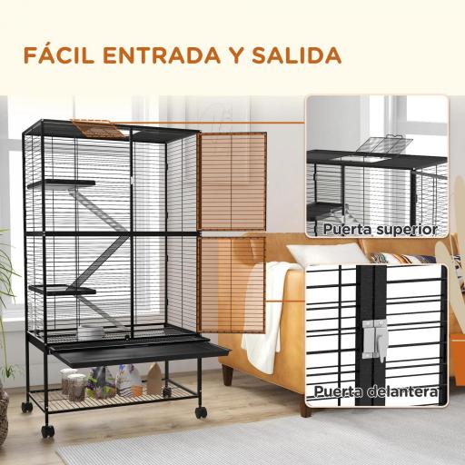 Jaula para Animales Pequeños de 4 Niveles con Ruedas Rampa Comedero Bebedero y Bandeja Extraíble 78x45,5x136 cm Negro [6]
