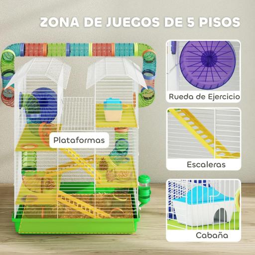 Jaula para Hámster de 5 Niveles 47x30x59 cm con Túnel Comedero Bebedero Casita Rueda de Ejercicio Escaleras Verde [2]