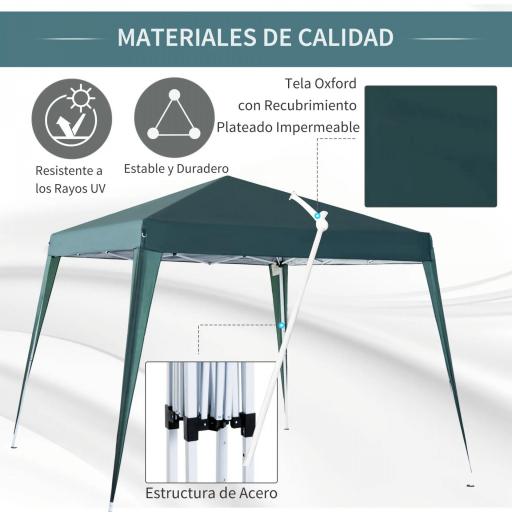 Carpa Plegable 3x3 m, Pop-up, Cenador Pabellón de Jardín, Altura Ajustable con Bolsa de Transporte, Anti-UV, Impermeable, Gazebo para Camping, Fiestas, Exterior, Verde [3]