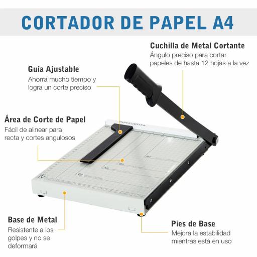 Cortador de Papel A4 Guillotina Profesional para Papelería Fotográfica Oficina Estudio Escuela Capacidad 12 Hojas con Regla Guía Cizalla de Cuchilla 48x26,5x5 cm Blanco [3]
