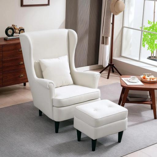 Sillón con Reposapiés Respaldo Alto Capitoné Patas de Madera Almohada Acolchada y Tapizado en Lino Beige