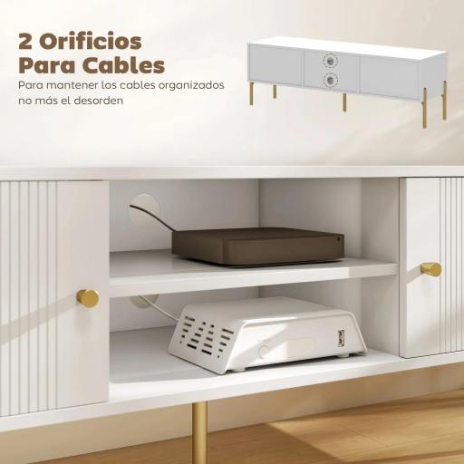 Mueble de TV Moderno con 2 Puertas 2 Estantes Abiertos Orificios Pasacables para TV 65 Pulgadas 140x38x45,9 cm Blanco [7]