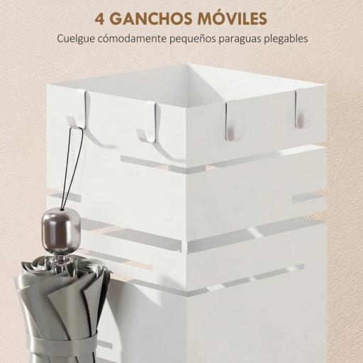 Paragüero Metálico con Bandeja de Goteo y 4 Ganchos, 15,5x15,5x49 cm, Blanco [6]