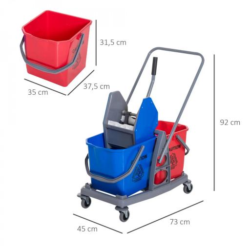 Carro de Limpieza Profesional Carro de Fregado de Metal con 2 Cubos de 25 Litros Extraíbles Escurridor Prensa Manual y 4 Ruedas 73x45x92 cm Rojo y Azul [1]