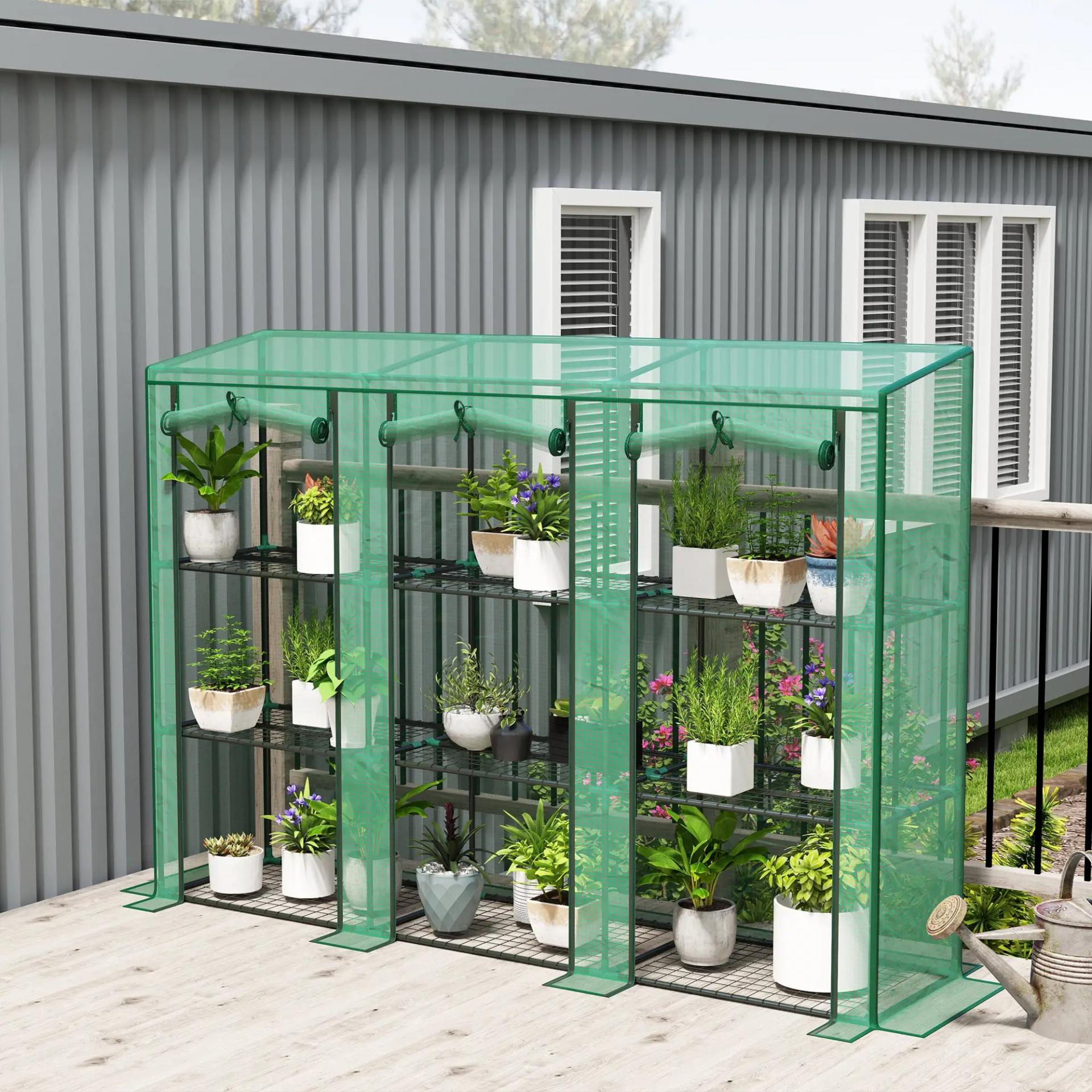 Invernadero de Exterior de 3 Niveles con Puerta Enrollable con Cremallera 9 Estantes Cubierta de PE 215x46x151cm Verde