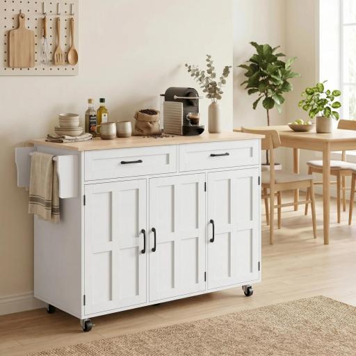 Isla de Cocina con Encimera Extensible Ruedas 2 Cajones 3 Armarios Estantes en la Puerta Toallero Blanco [2]