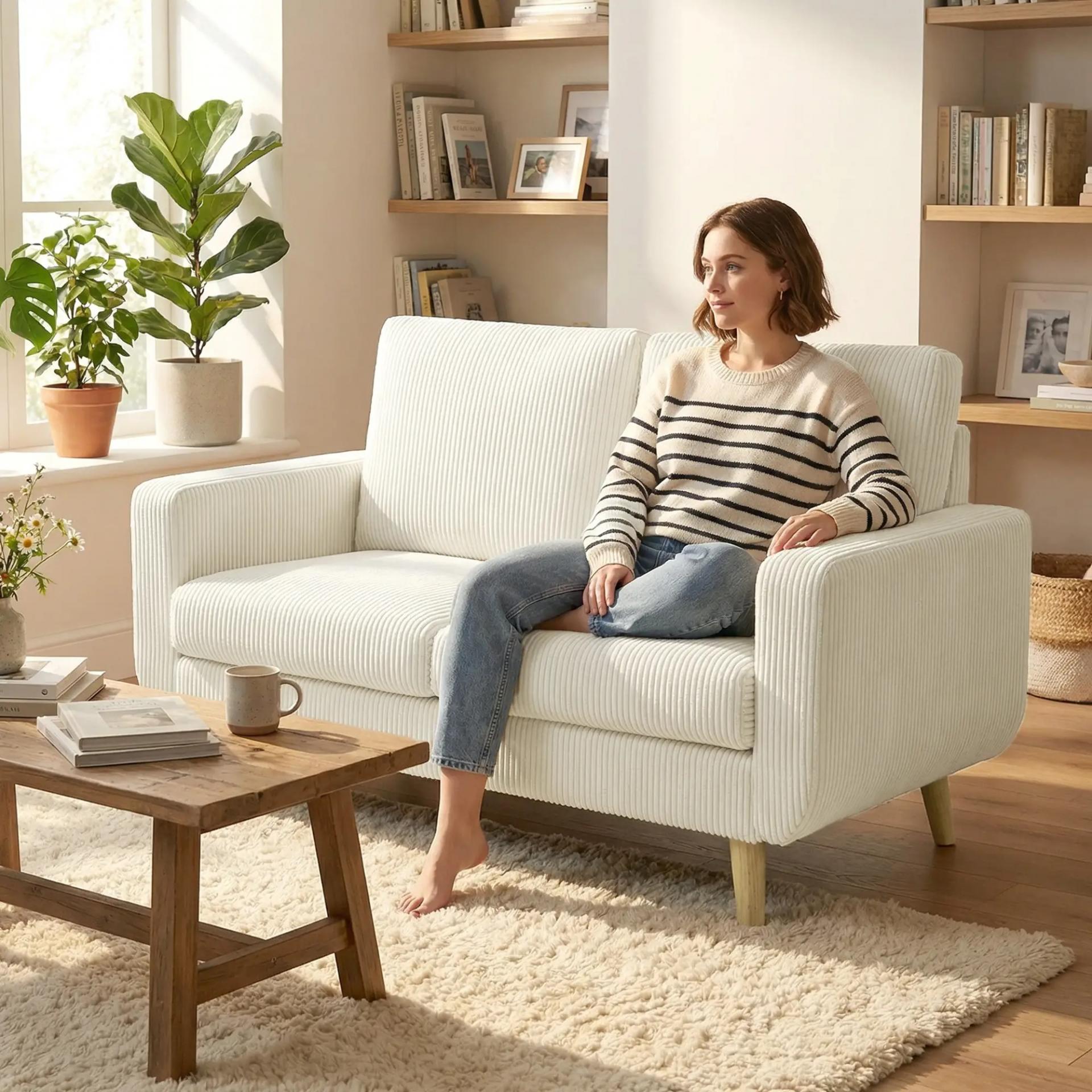 Sofá de 2 Plazas de Pana 134 cm con Patas de Madera Respaldo Grueso Sofá Moderno para Salón Dormitorio Crema
