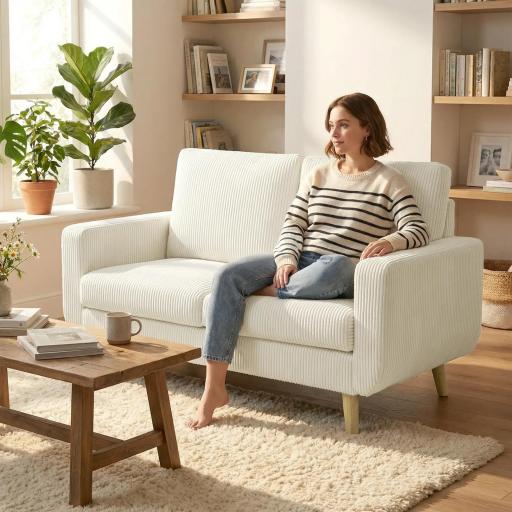 Sofá de 2 Plazas de Pana 134 cm con Patas de Madera Respaldo Grueso Sofá Moderno para Salón Dormitorio Crema