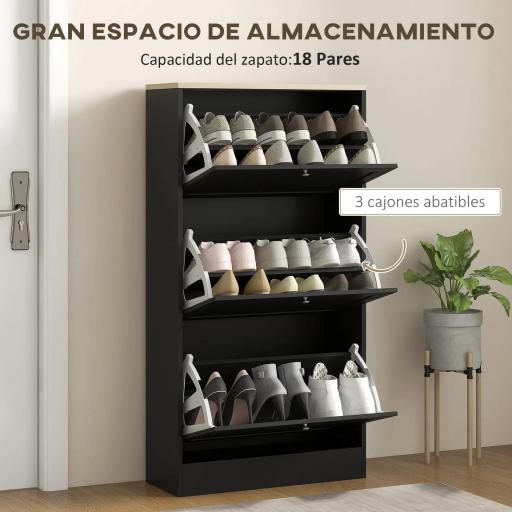Mueble Zapatero Moderno con 3 Cajones Abatibles y Estantes Ajustables para 18 Pares de Zapatos 60x23,5x115 cm Negro [3]