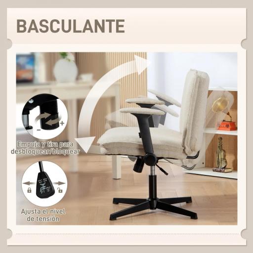 Silla de Oficina Piernas Cruzadas con Reposabrazos Abatible Asiento Ancho sin Ruedas Altura Ajustable Giratoria Crema [3]