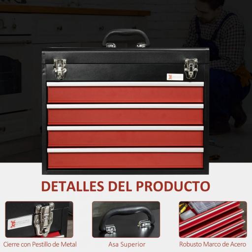 Caja de Herramientas de Acero con 4 Cajones Bandeja Tapa Abatible y Cierres Metálicos 51x22x39,5 cm Negro y Rojo [2]