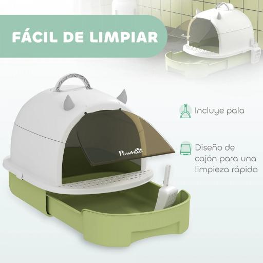 Arenero Cerrado para Gatos con Bandeja Extraíble Filtro de Carbono Pala y Asa Superior 40,5x52x39 cm Blanco y Verde [7]