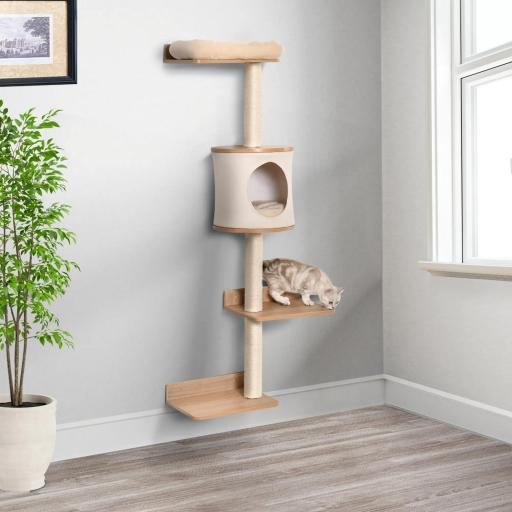 Árbol para Gatos de Pared 38x30x149 cm con Múltiples Plataformas de Madera Cueva Cama Superior Cojín Extraíble Postes Rascadores de Sisal Torre para Escalar Beige y Roble