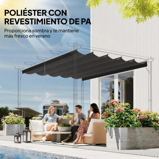 Cubierta para Techo Retráctil de 3,5x2,6 m para Pérgola 4x3 Tela de Repuesto con 10 Orificios de Drenaje Gris Oscuro [4]