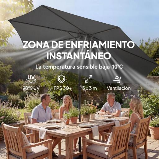 Sombrilla Terraza Exterior 3x3m con Base Bolsa de Arena Manivela Inclinación Costillas Retráctiles Gris Oscuro [7]