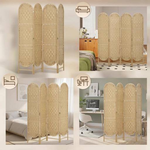 Biombo Separador de Ambientes 4 Paneles 160x170 cm con Parte Superior Arqueada Tejido a Mano Divisor Plegable Natural [3]