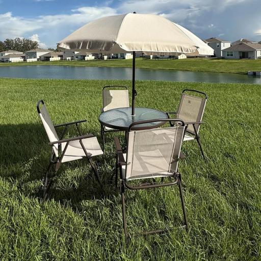Conjunto de Muebles para Jardín con 4 Sillas 1 Mesa y 1 Parasol Texteline Aluminio y Poliéster Beige [7]