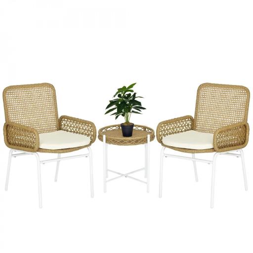 Juego de 3 Piezas Sillas y Mesa de Ratán con 2 Sillas 1 Mesa de Centro y Cojines para Terraza Patio Natural [9]