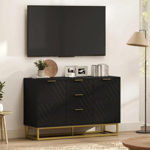 Aparador para Salón con 3 Cajones 2 Puertas y Estante Ajustable Mueble Auxiliar para Salón Antivuelco 120x40x76 cm Negro [7]