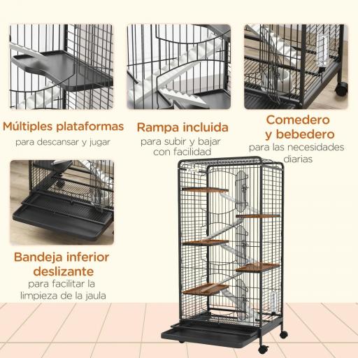 Jaula para Roedores de 6 Niveles con Ruedas Plataformas Bandeja Extraíble Comedero y Bebedero 61,5x44x131 cm Negro [4]