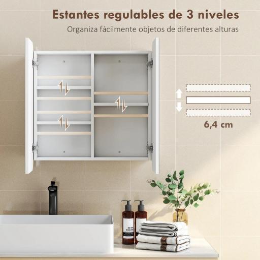 Armario de Baño con Espejo Diseño con Bordes Curvados 2 Puertas Estantes Ajustables 68x13x66 cm Blanco [3]