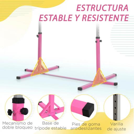 Barra de Gimnasia para Niños de +3 Años Barra de Entrenamiento Altura Ajustable 92-150 cm Carga 75 kg 194x121x150cm Rosa [3]