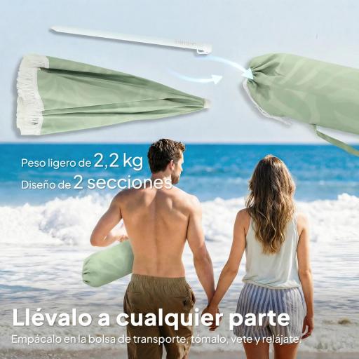 Sombrilla de Playa con Flecos Ø180 cm Altura Ajustable Inclinación Anclaje Arena y Bolsa de Transporte UPF30+ Verde [7]