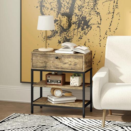 Mesa Auxiliar con Cajón y 2 Estantes con 2 Enchufes y 2 Puertos USB de Estilo Industrial 60x30x66,5 cm Marrón Rústico [6]