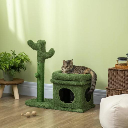 Árbol Rascador para Gatos Diseño de Cactus con Cama Cueva Poste de Sisal y Bola Colgante 68x30x67 cm Verde