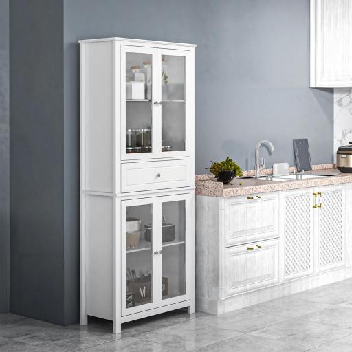 Alacena de Cocina Mueble Vitrina con 4 Puertas de Vidrio Templado Cajón y Estantes Ajustables 74x35,5x181,5 cm Blanco