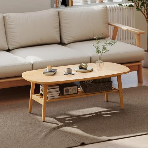 Mesa de Centro Moderna Mesa Baja con Estante Abierto y Patas de Madera para Salón Carga 100 kg 120x60x42cm Natural