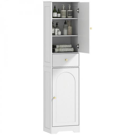 Armario Alto de Baño Estrecho con 2 Puertas Arqueadas Cajón y Estantes Ajustables Moderno 40x29,5x170 cm Blanco Veteado [10]