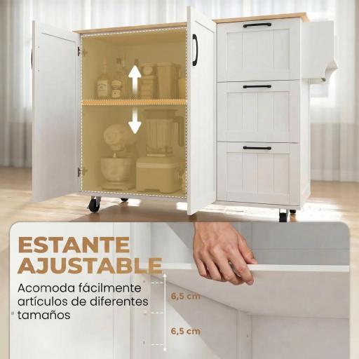 Isla de Cocina con Encimera Extensible Estación de Carga Ruedas 2 Puertas 3 Cajones Especiero y Toallero Blanco [8]