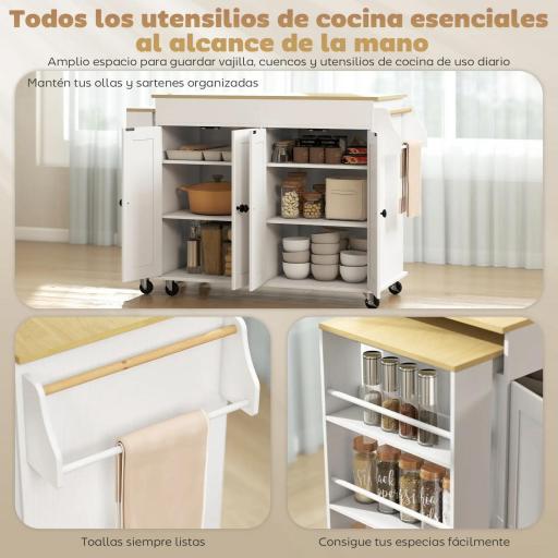 Isla de Cocina con Ruedas Encimera Extensible 4 Puertas Estantes Ajustables Especiero y Soporte para Toallas Blanco [2]